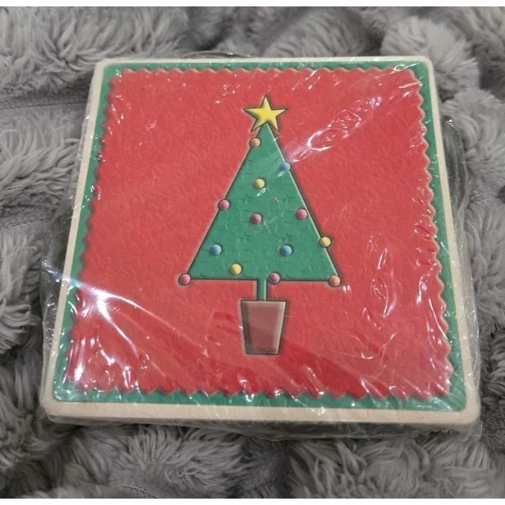 Christmas Tree Ceramic Coaster Set of 4 with Metal Holder Cork Backing Red Green